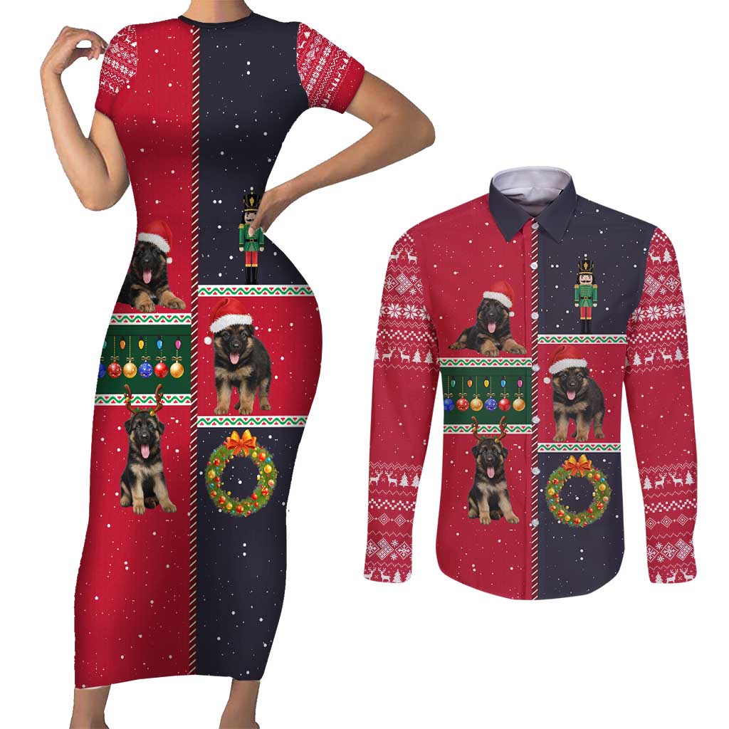 German Shepherd Puppy Christmas Couples Matching Short Sleeve Bodycon Dress and Long Sleeve Button Shirt with Ornaments Wreath and Nutcracker Design - Wonder Print Shop