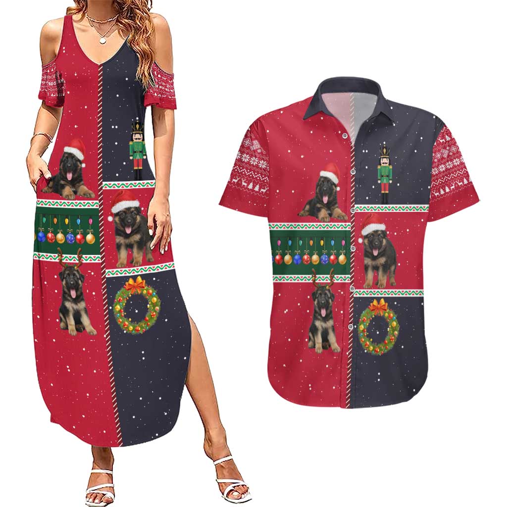 German Shepherd Puppy Christmas Couples Matching Summer Maxi Dress and Hawaiian Shirt with Ornaments Wreath and Nutcracker Design - Wonder Print Shop