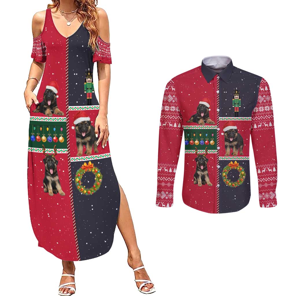 German Shepherd Puppy Christmas Couples Matching Summer Maxi Dress and Long Sleeve Button Shirt with Ornaments Wreath and Nutcracker Design - Wonder Print Shop