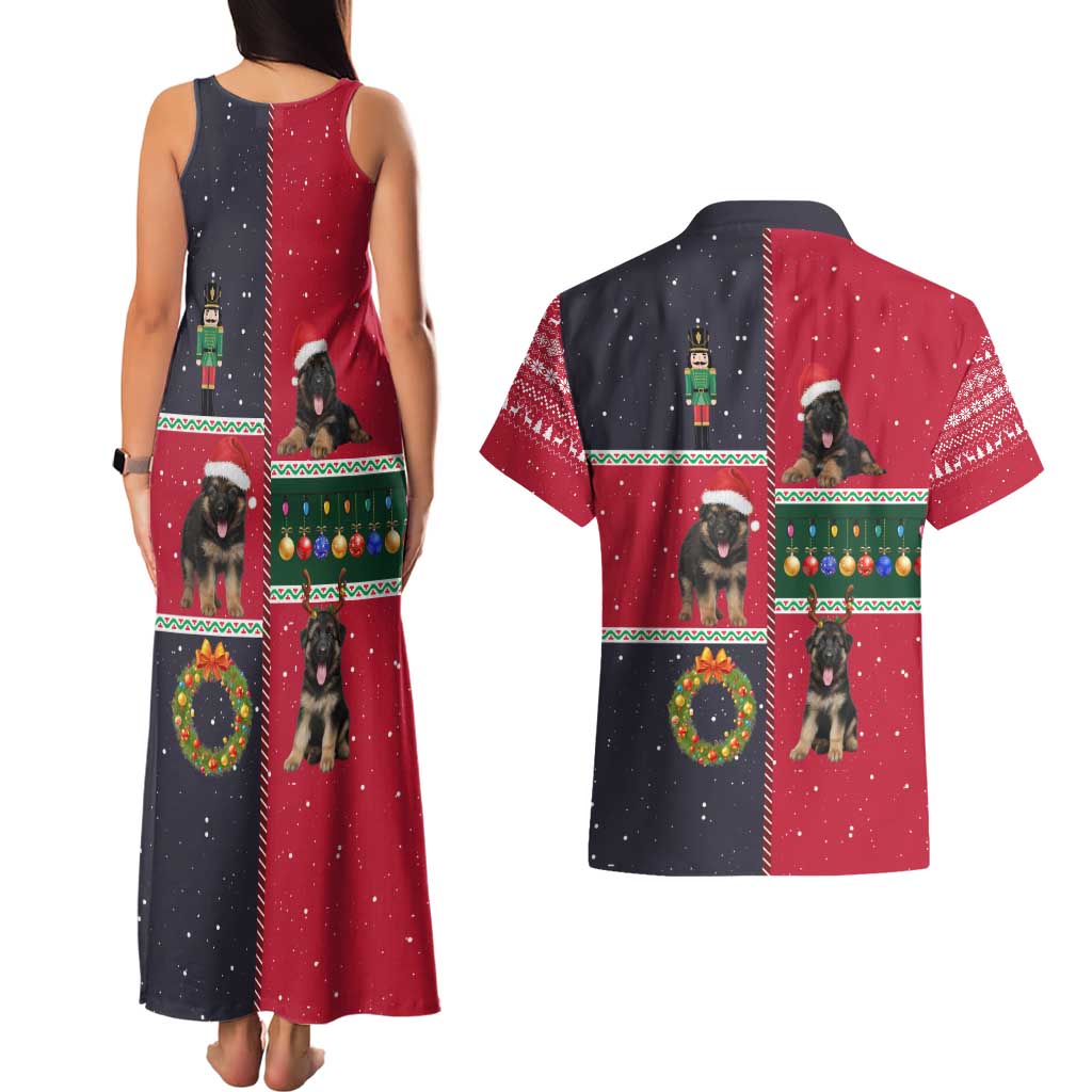 German Shepherd Puppy Christmas Couples Matching Tank Maxi Dress and Hawaiian Shirt with Ornaments Wreath and Nutcracker Design - Wonder Print Shop