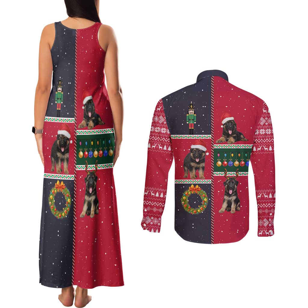 German Shepherd Puppy Christmas Couples Matching Tank Maxi Dress and Long Sleeve Button Shirt with Ornaments Wreath and Nutcracker Design - Wonder Print Shop