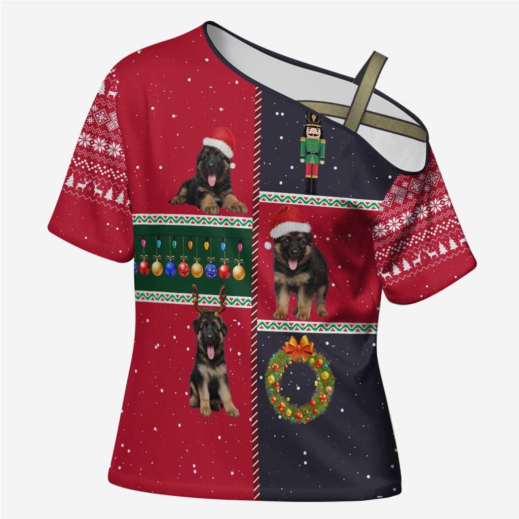 German Shepherd Puppy Christmas Cross Shoulder Shirt with Ornaments Wreath and Nutcracker Design - Wonder Print Shop