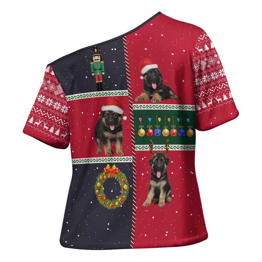 German Shepherd Puppy Christmas Cross Shoulder Shirt with Ornaments Wreath and Nutcracker Design - Wonder Print Shop