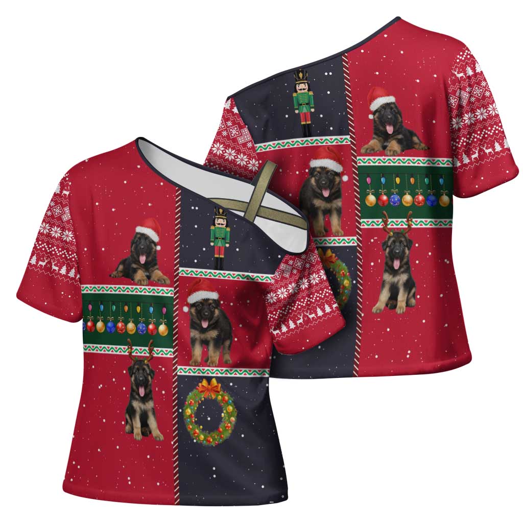 German Shepherd Puppy Christmas Cross Shoulder Shirt with Ornaments Wreath and Nutcracker Design - Wonder Print Shop