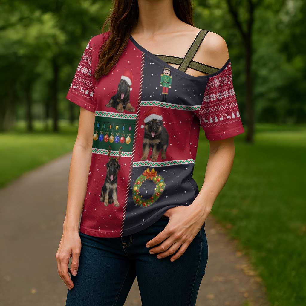 German Shepherd Puppy Christmas Cross Shoulder Shirt with Ornaments Wreath and Nutcracker Design - Wonder Print Shop
