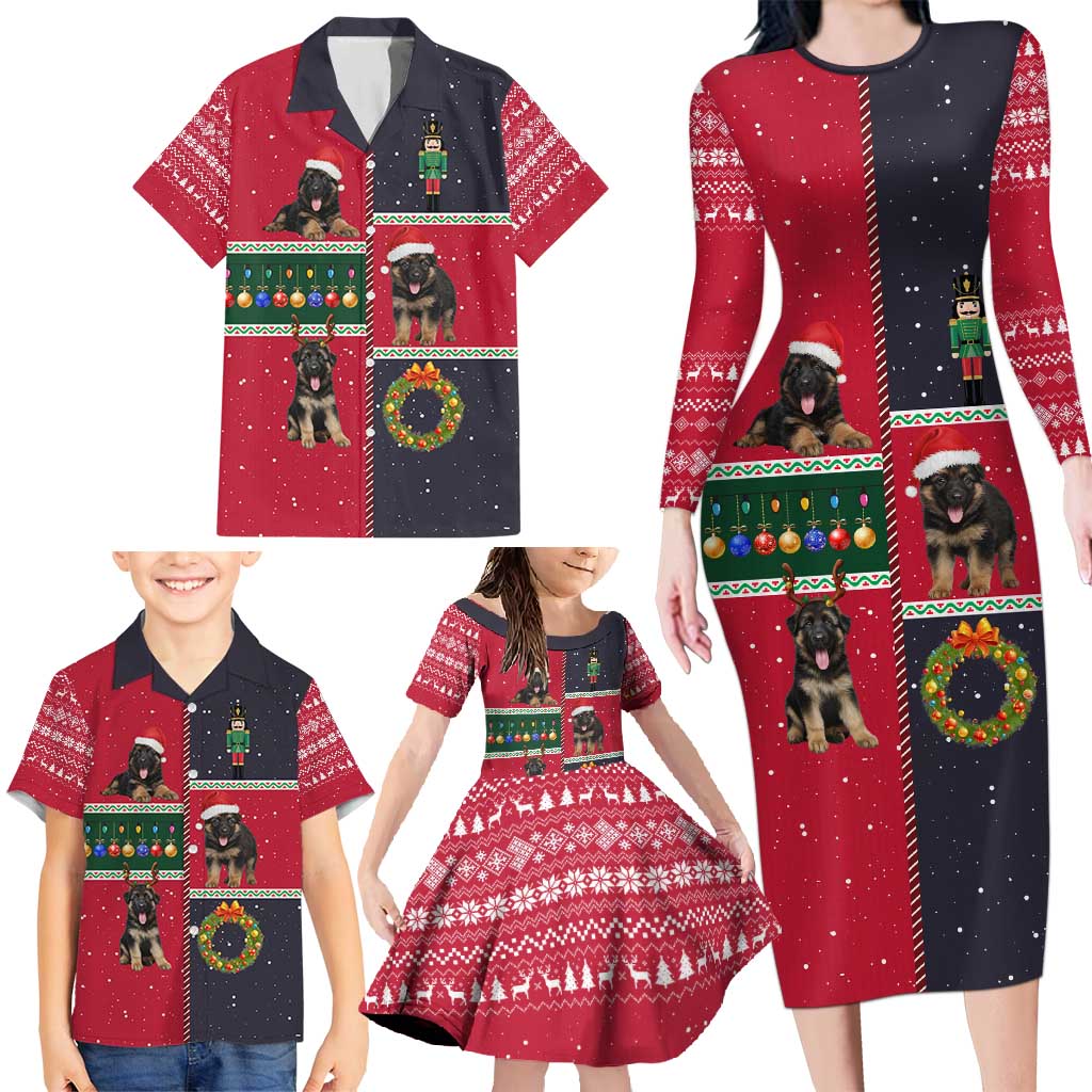 German Shepherd Puppy Christmas Family Matching Long Sleeve Bodycon Dress and Hawaiian Shirt with Ornaments Wreath and Nutcracker Design - Wonder Print Shop