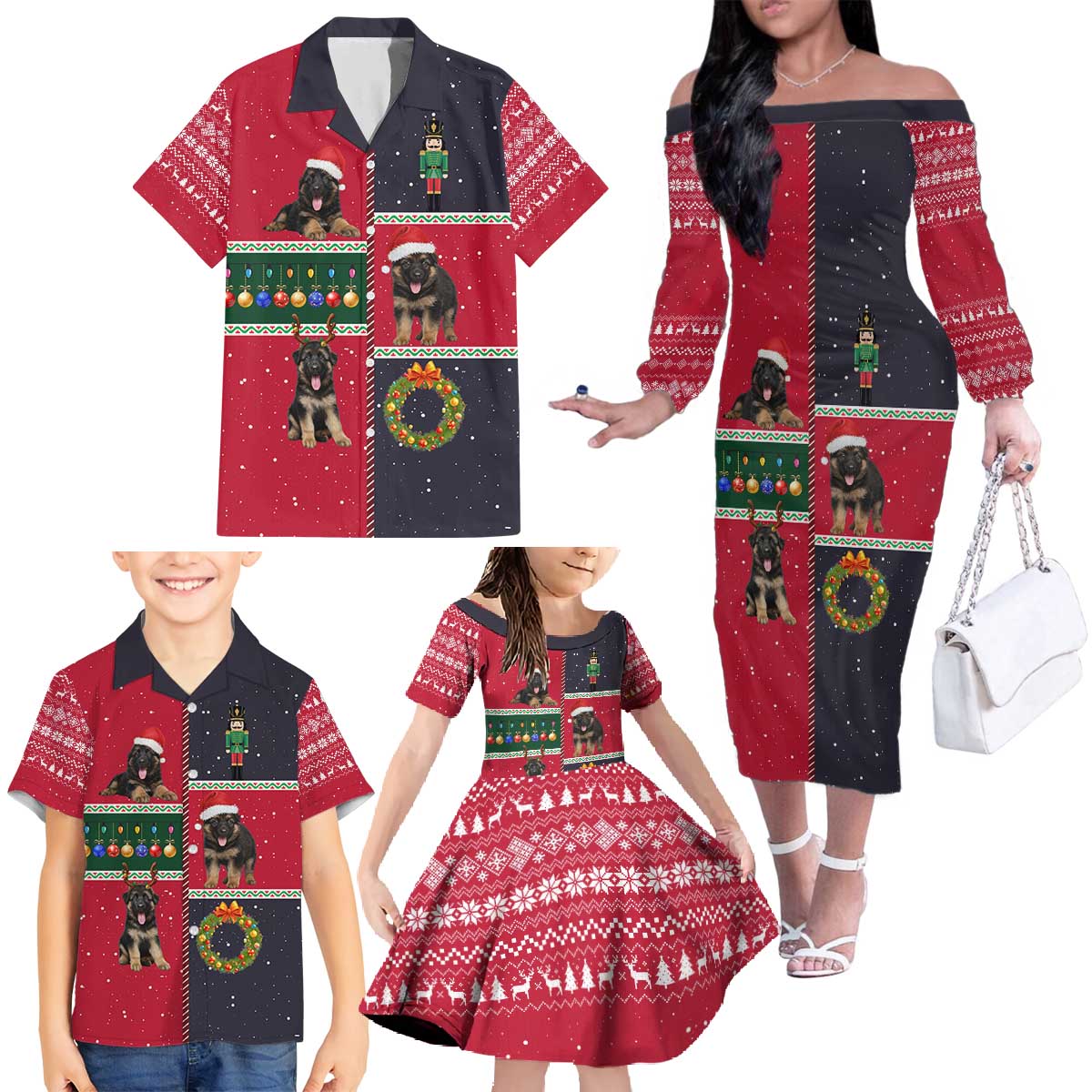 German Shepherd Puppy Christmas Family Matching Off The Shoulder Long Sleeve Dress and Hawaiian Shirt with Ornaments Wreath and Nutcracker Design - Wonder Print Shop