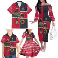 German Shepherd Puppy Christmas Family Matching Off The Shoulder Long Sleeve Dress and Hawaiian Shirt with Ornaments Wreath and Nutcracker Design - Wonder Print Shop