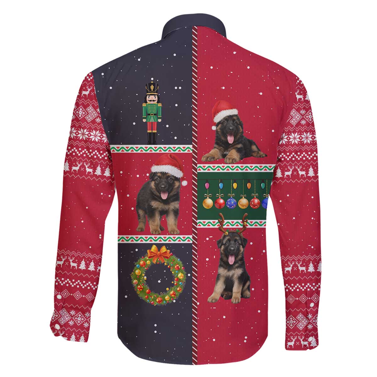 German Shepherd Puppy Christmas Family Matching Off The Shoulder Long Sleeve Dress and Hawaiian Shirt with Ornaments Wreath and Nutcracker Design - Wonder Print Shop