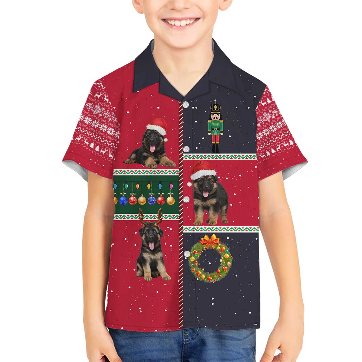 German Shepherd Puppy Christmas Family Matching Off The Shoulder Long Sleeve Dress and Hawaiian Shirt with Ornaments Wreath and Nutcracker Design - Wonder Print Shop