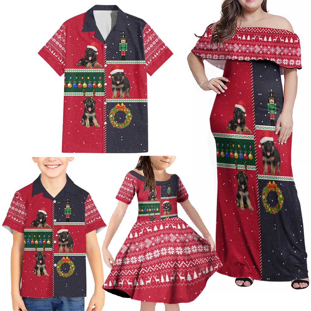 German Shepherd Puppy Christmas Family Matching Off Shoulder Maxi Dress and Hawaiian Shirt with Ornaments Wreath and Nutcracker Design - Wonder Print Shop