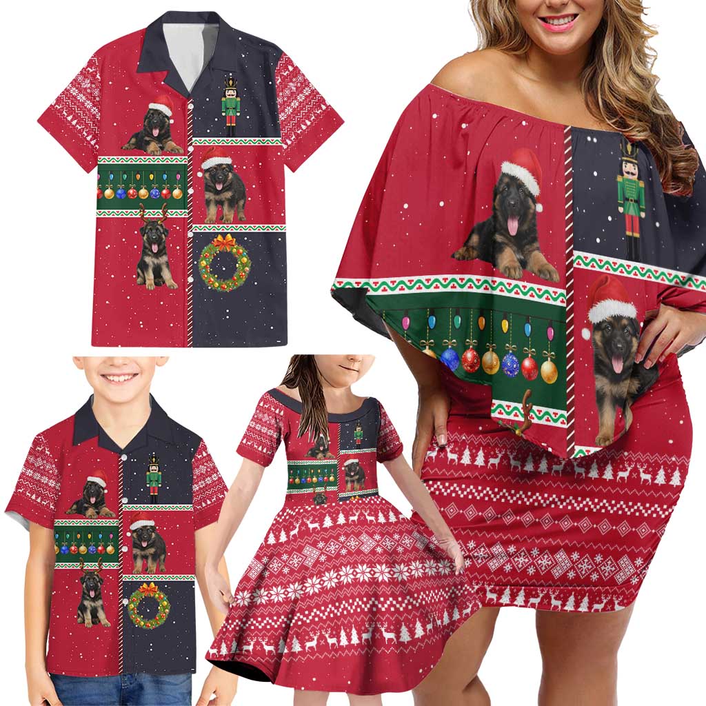 German Shepherd Puppy Christmas Family Matching Off Shoulder Short Dress and Hawaiian Shirt with Ornaments Wreath and Nutcracker Design - Wonder Print Shop