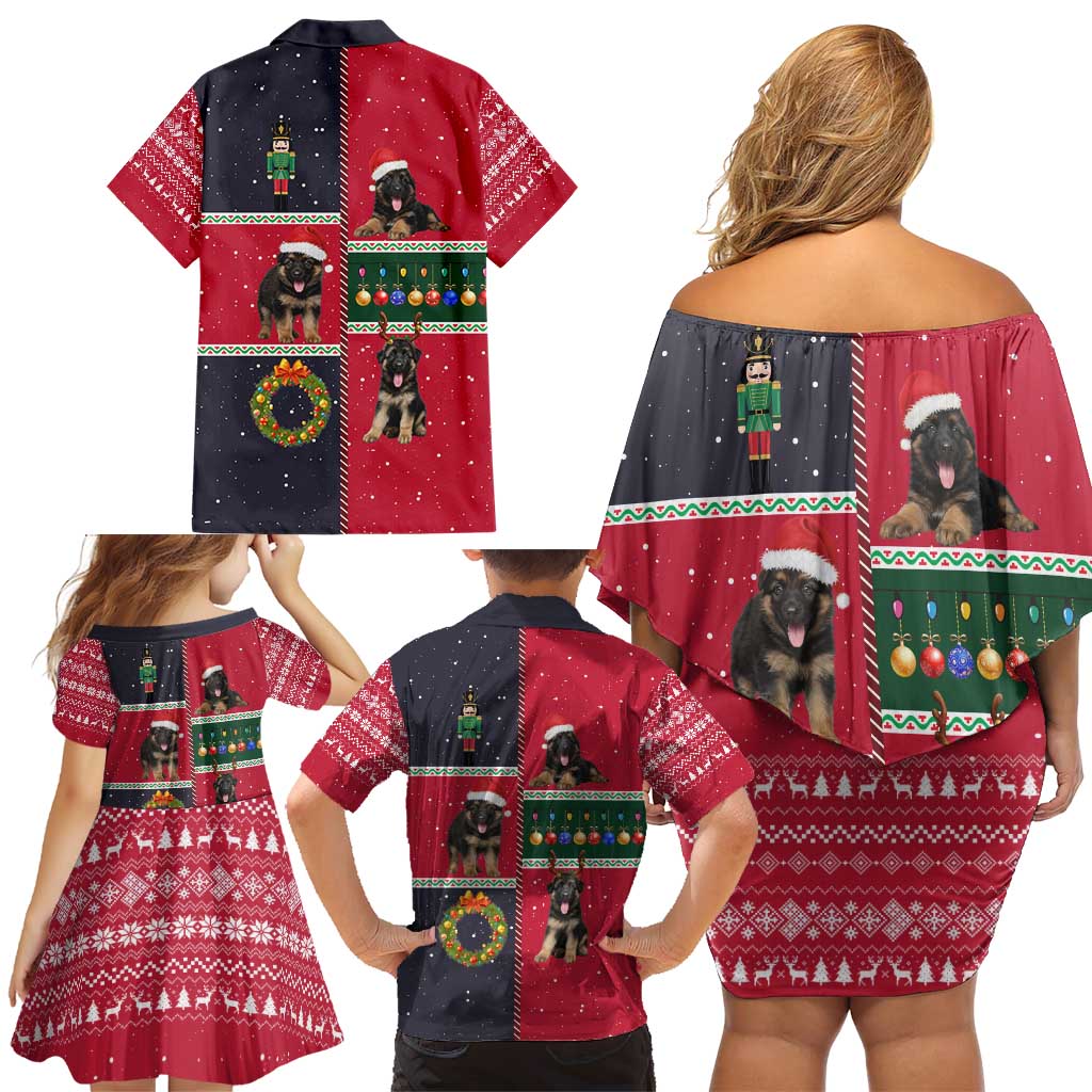 German Shepherd Puppy Christmas Family Matching Off Shoulder Short Dress and Hawaiian Shirt with Ornaments Wreath and Nutcracker Design - Wonder Print Shop
