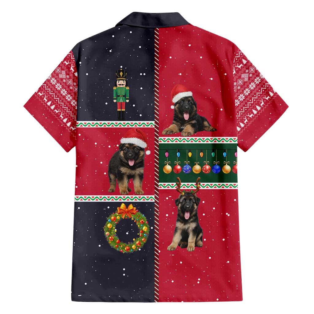German Shepherd Puppy Christmas Family Matching Off Shoulder Short Dress and Hawaiian Shirt with Ornaments Wreath and Nutcracker Design - Wonder Print Shop