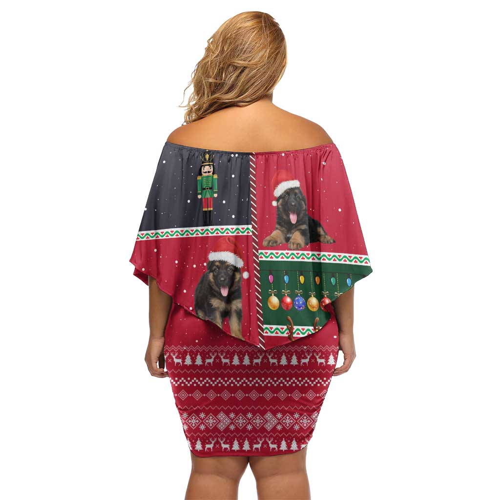 German Shepherd Puppy Christmas Family Matching Off Shoulder Short Dress and Hawaiian Shirt with Ornaments Wreath and Nutcracker Design - Wonder Print Shop