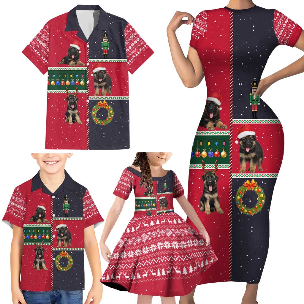 German Shepherd Puppy Christmas Family Matching Short Sleeve Bodycon Dress and Hawaiian Shirt with Ornaments Wreath and Nutcracker Design - Wonder Print Shop