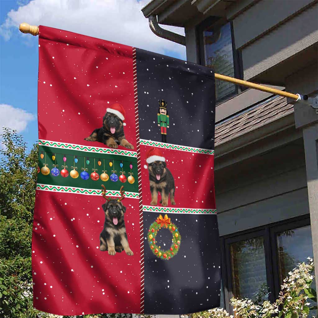 German Shepherd Puppy Christmas Garden Flag with Ornaments Wreath and Nutcracker Design - Wonder Print Shop