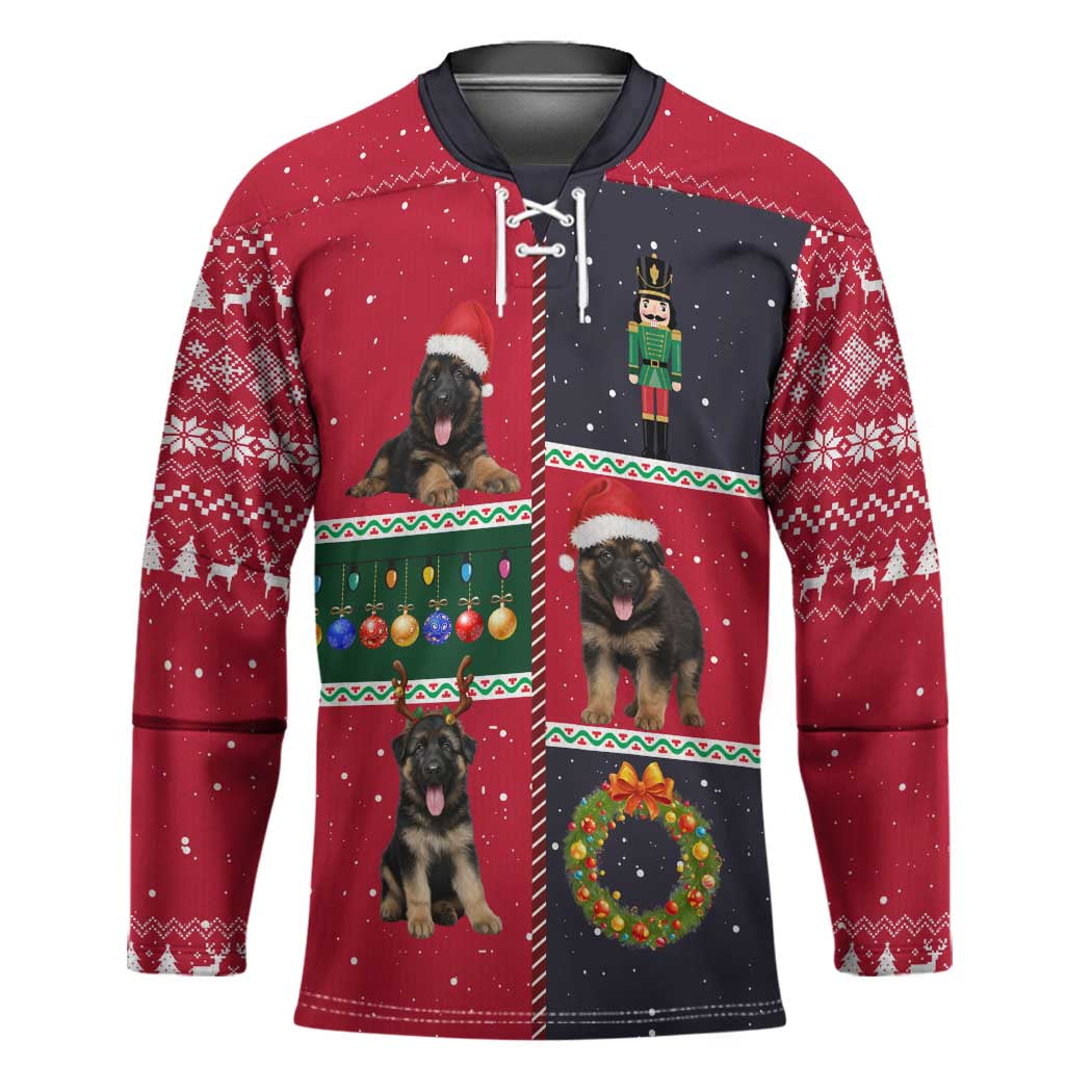 German Shepherd Puppy Christmas Hockey Jersey with Ornaments Wreath and Nutcracker Design - Wonder Print Shop