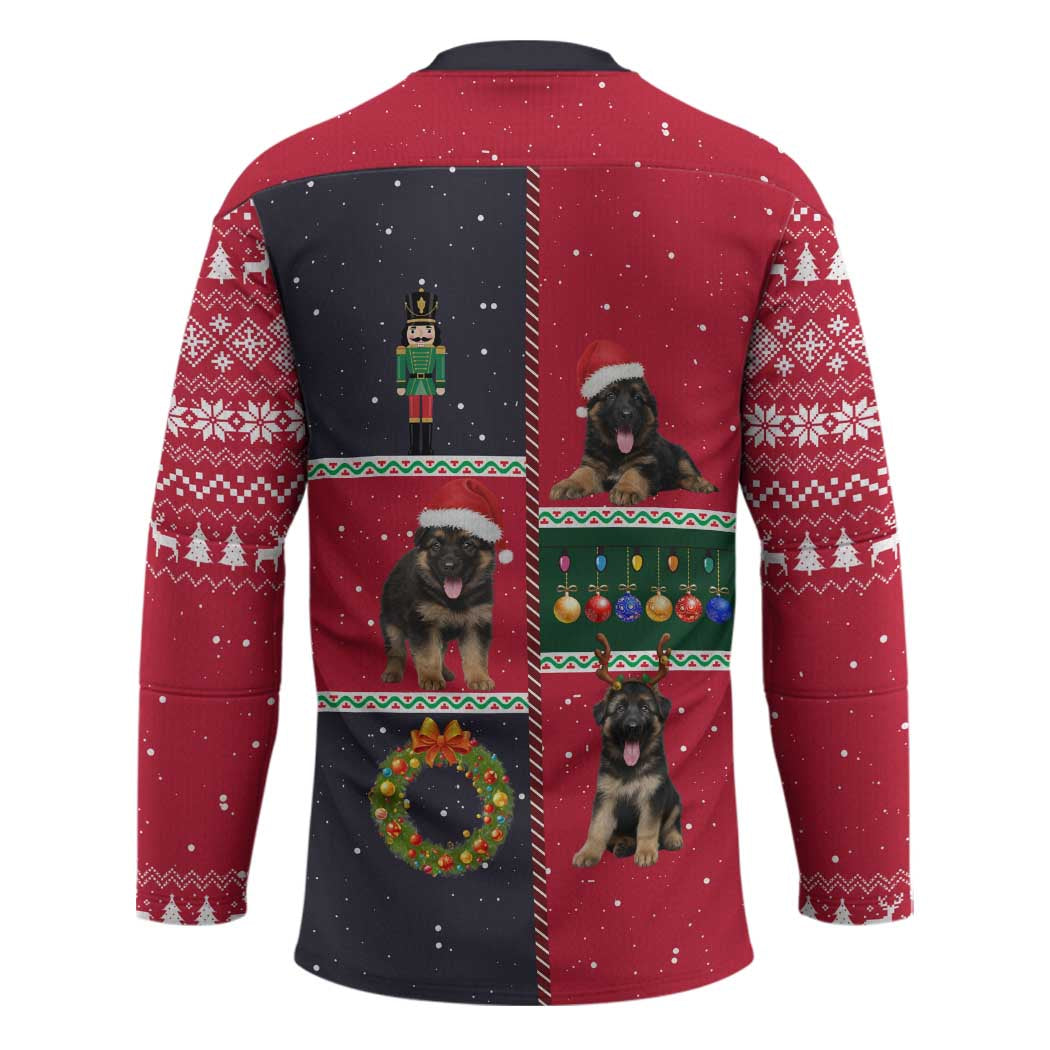 German Shepherd Puppy Christmas Hockey Jersey with Ornaments Wreath and Nutcracker Design - Wonder Print Shop