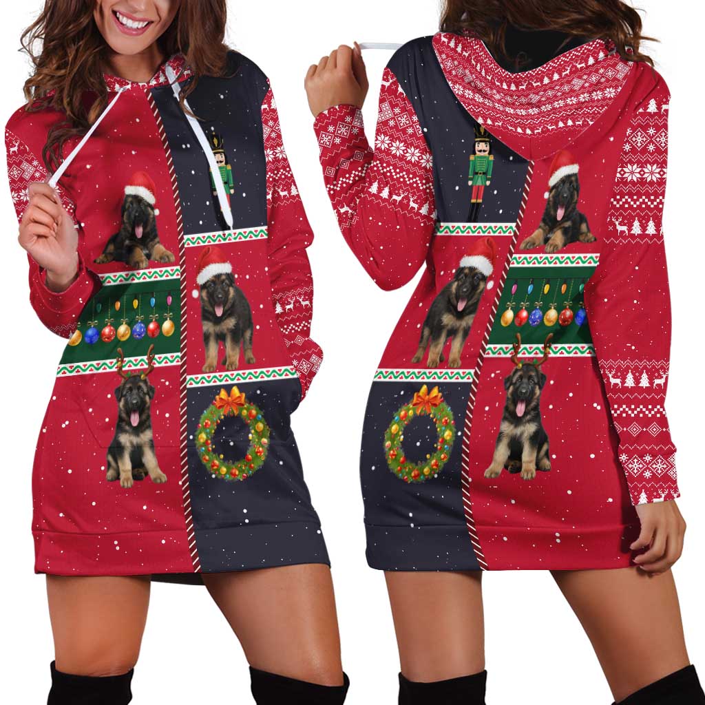 German Shepherd Puppy Christmas Hoodie Dress with Ornaments Wreath and Nutcracker Design - Wonder Print Shop