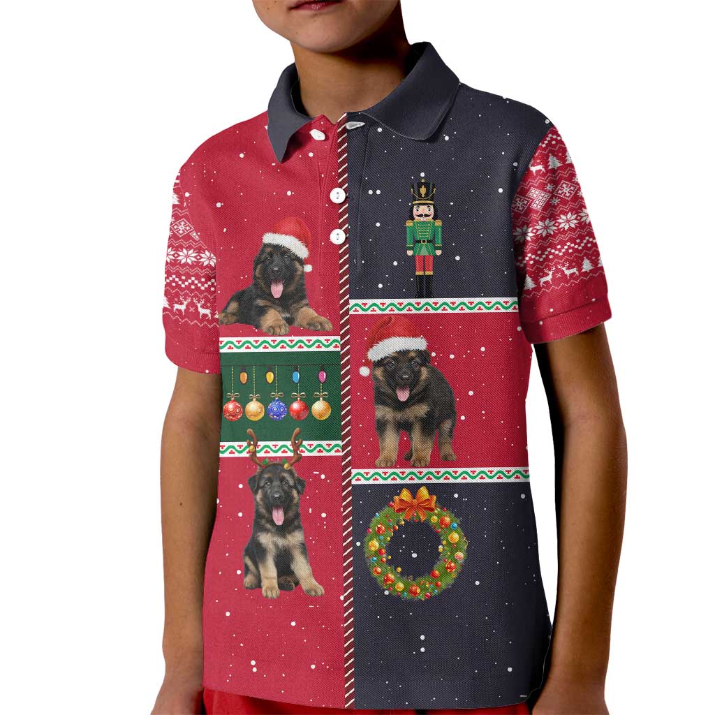 German Shepherd Puppy Christmas Kid Polo Shirt with Ornaments Wreath and Nutcracker Design - Wonder Print Shop