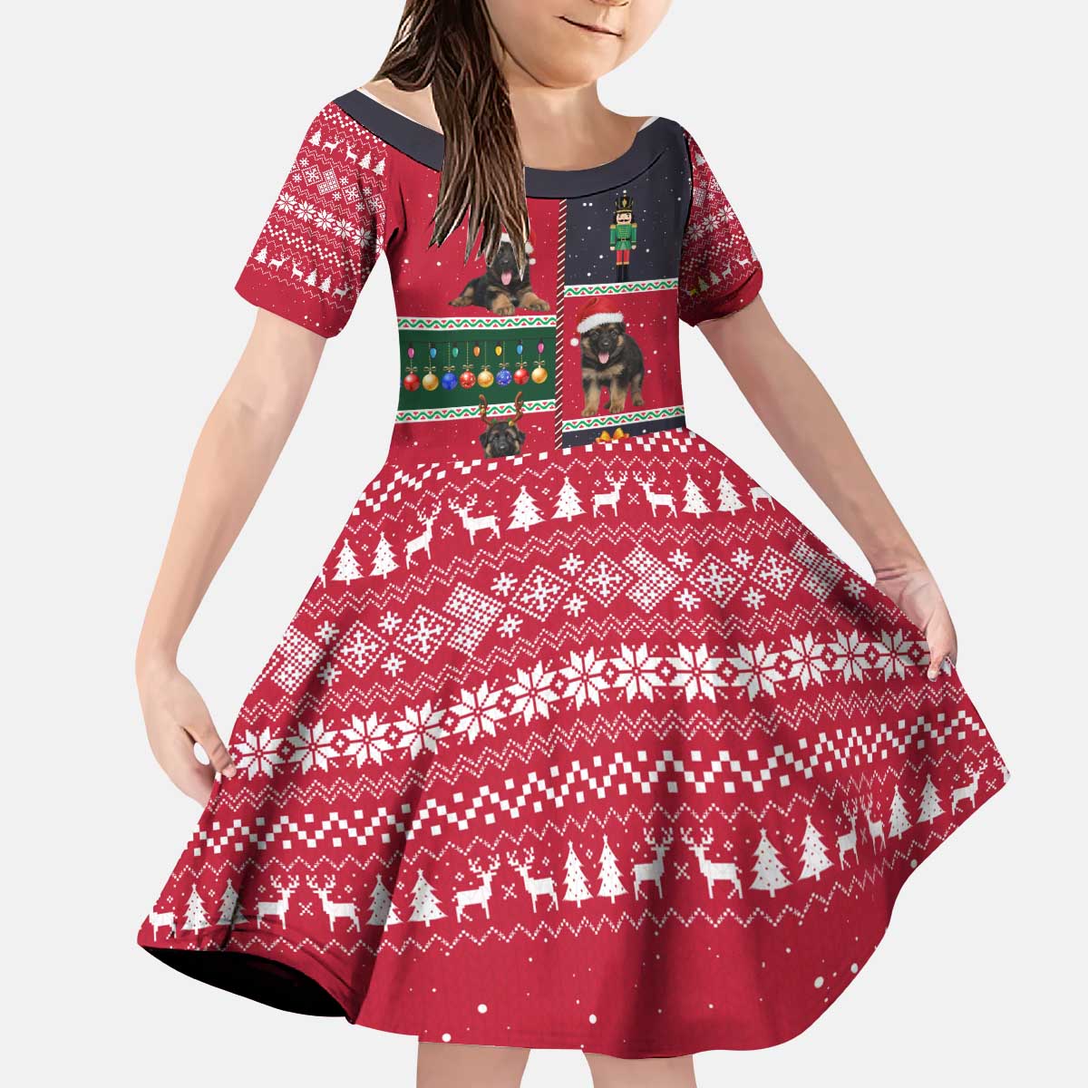 German Shepherd Puppy Christmas Kid Short Sleeve Dress with Ornaments Wreath and Nutcracker Design - Wonder Print Shop