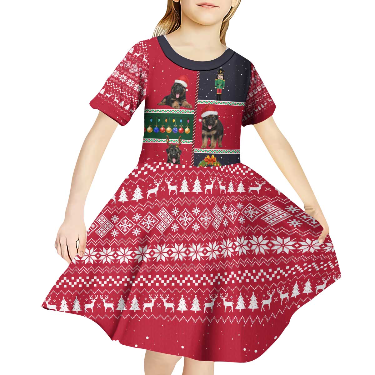 German Shepherd Puppy Christmas Kid Short Sleeve Dress with Ornaments Wreath and Nutcracker Design - Wonder Print Shop