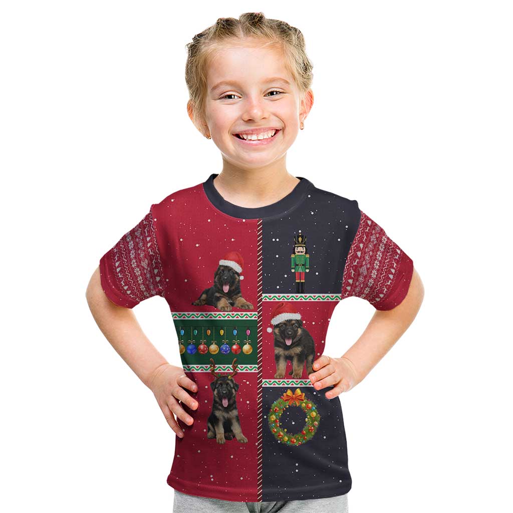 German Shepherd Puppy Christmas Kid T Shirt with Ornaments Wreath and Nutcracker Design - Wonder Print Shop