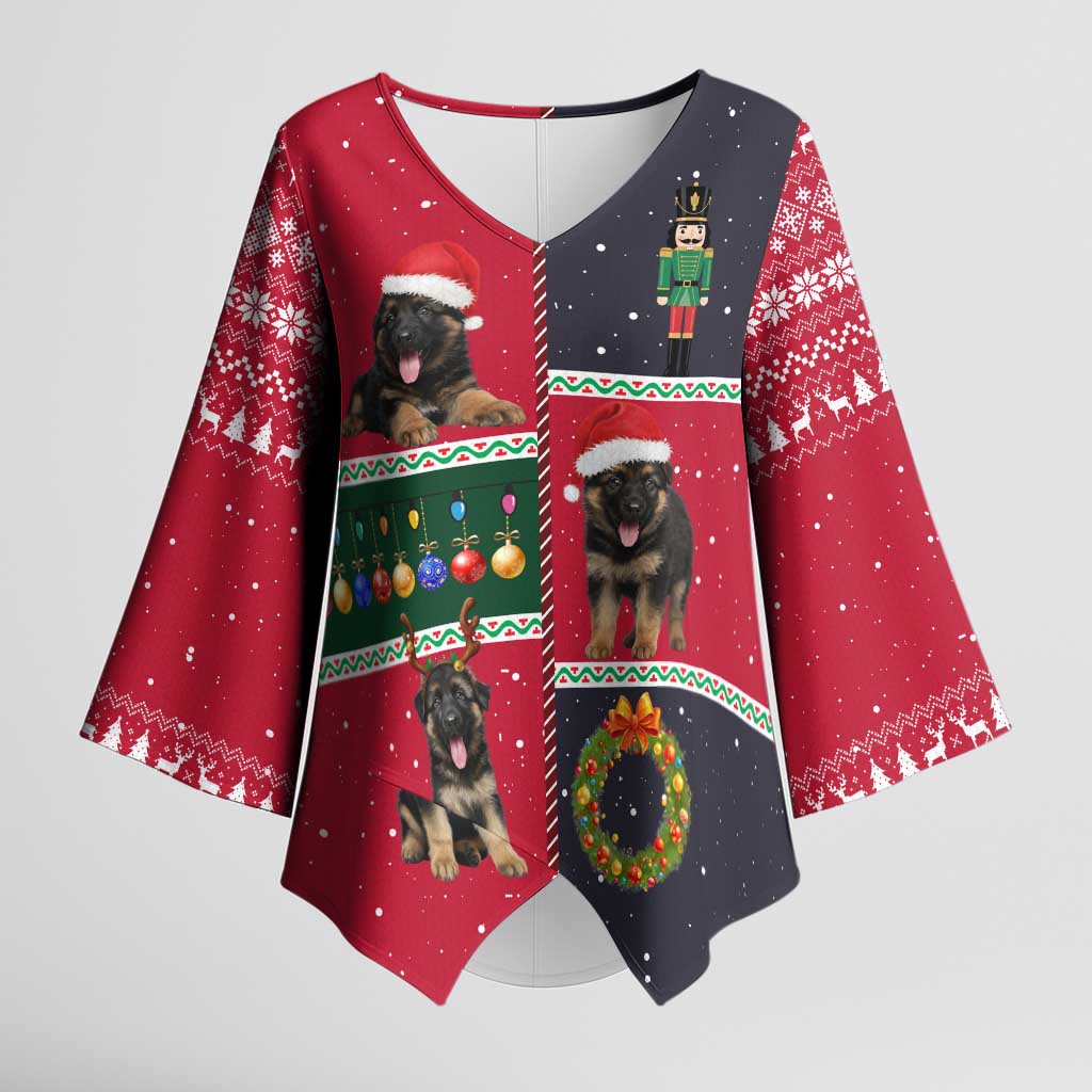 German Shepherd Puppy Christmas Kimono Sleeve Blouse with Ornaments Wreath and Nutcracker Design - Wonder Print Shop