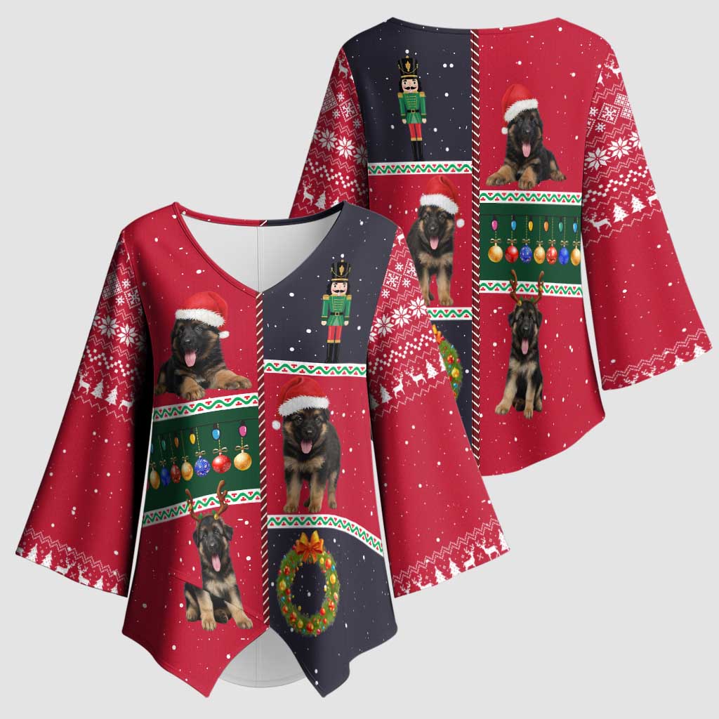 German Shepherd Puppy Christmas Kimono Sleeve Blouse with Ornaments Wreath and Nutcracker Design - Wonder Print Shop
