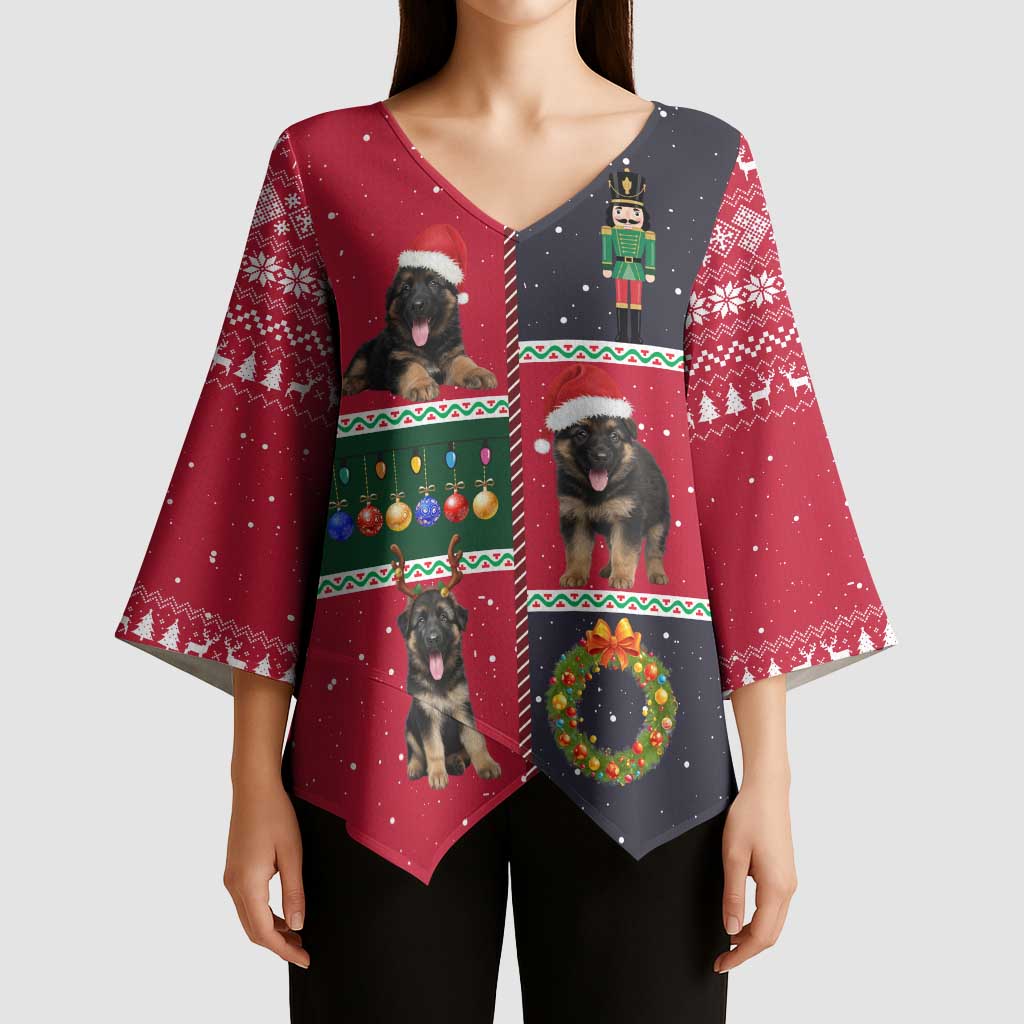 German Shepherd Puppy Christmas Kimono Sleeve Blouse with Ornaments Wreath and Nutcracker Design - Wonder Print Shop