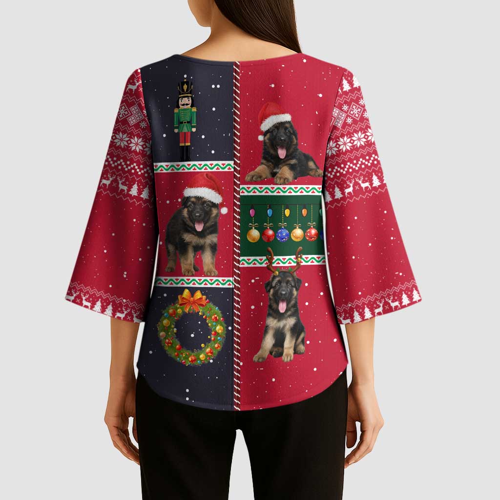 German Shepherd Puppy Christmas Kimono Sleeve Blouse with Ornaments Wreath and Nutcracker Design - Wonder Print Shop