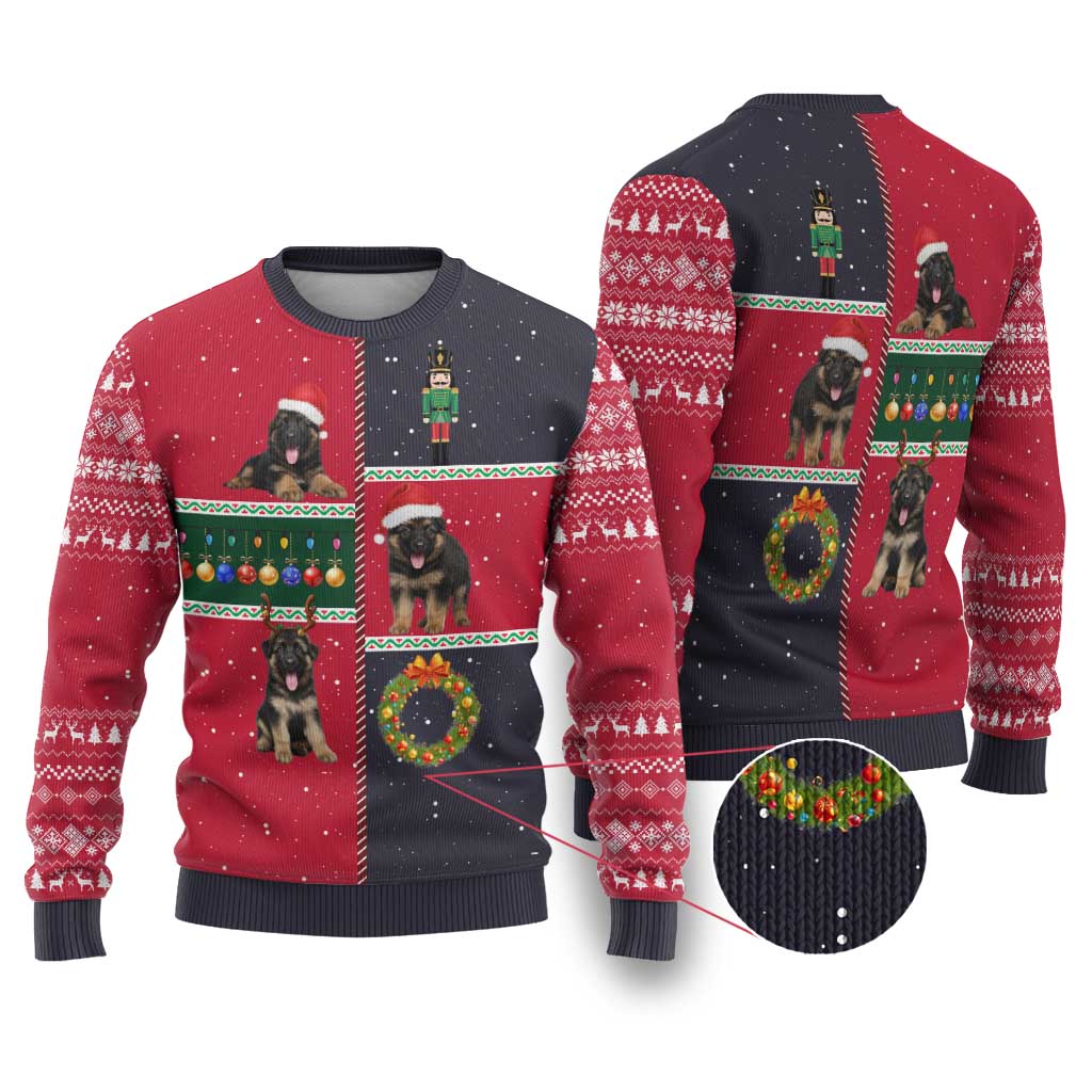 German Shepherd Puppy Christmas Ugly Christmas Sweater with Ornaments Wreath and Nutcracker Design - Wonder Print Shop