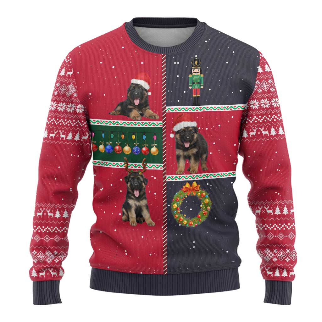 German Shepherd Puppy Christmas Ugly Christmas Sweater with Ornaments Wreath and Nutcracker Design - Wonder Print Shop