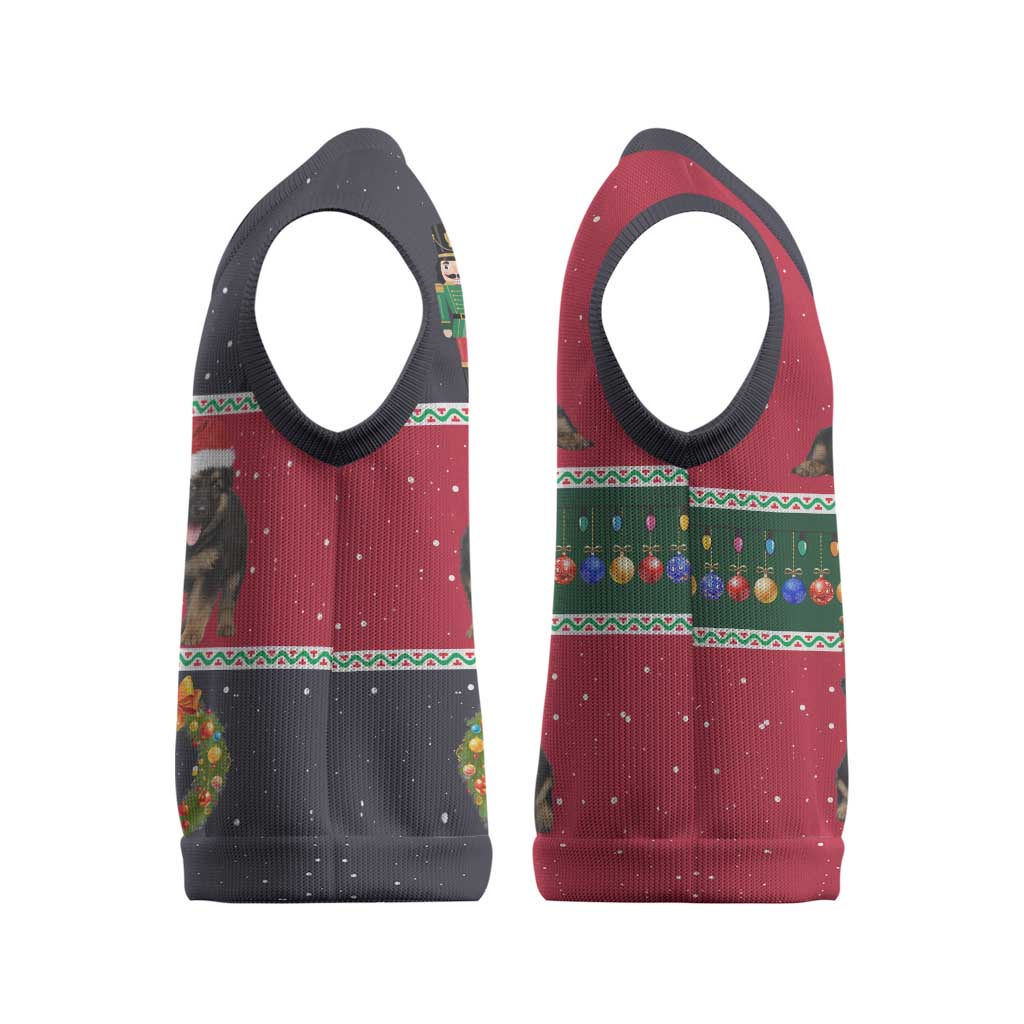 German Shepherd Puppy Christmas Knitted V-Neck Vest with Ornaments Wreath and Nutcracker Design - Wonder Print Shop