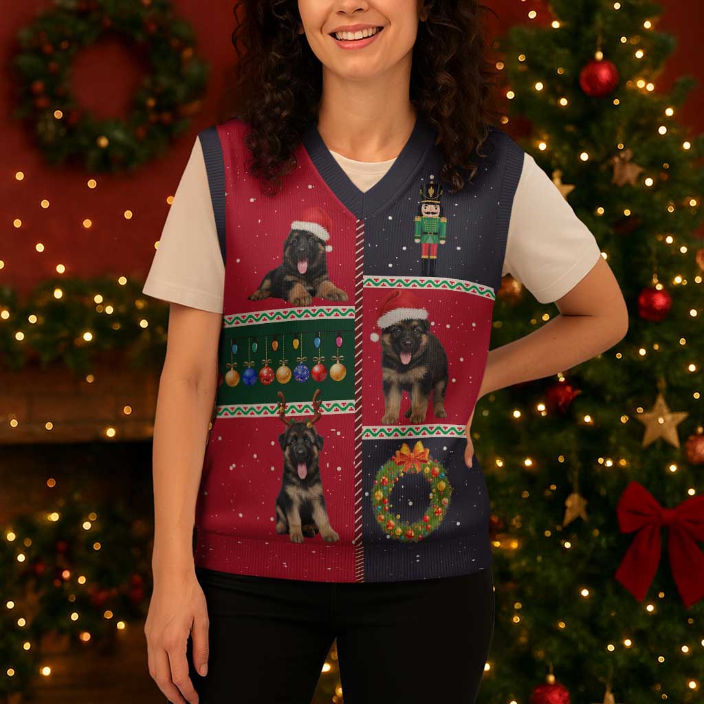 German Shepherd Puppy Christmas Knitted V-Neck Vest with Ornaments Wreath and Nutcracker Design - Wonder Print Shop