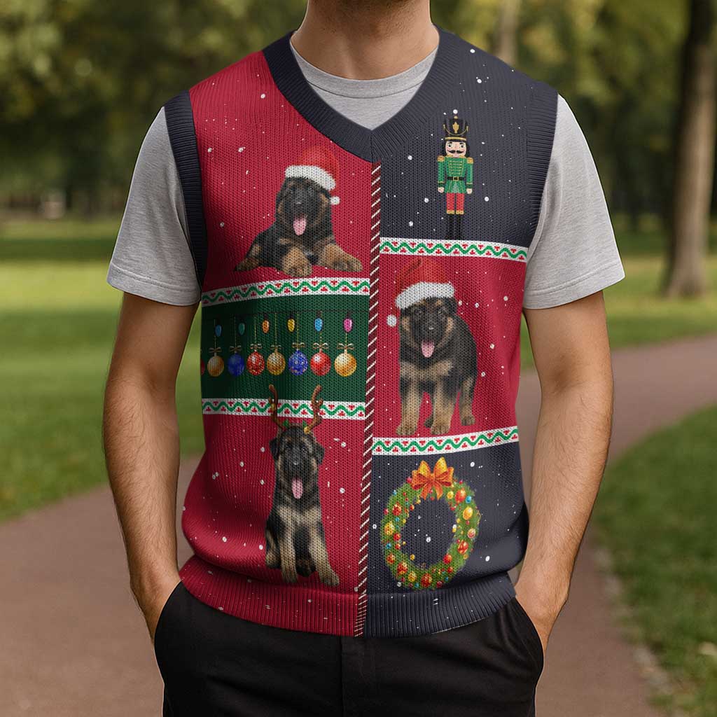 German Shepherd Puppy Christmas Knitted V-Neck Vest with Ornaments Wreath and Nutcracker Design - Wonder Print Shop