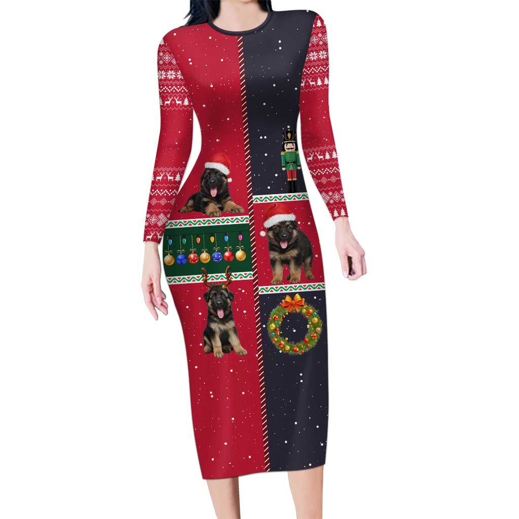German Shepherd Puppy Christmas Long Sleeve Bodycon Dress with Ornaments Wreath and Nutcracker Design - Wonder Print Shop