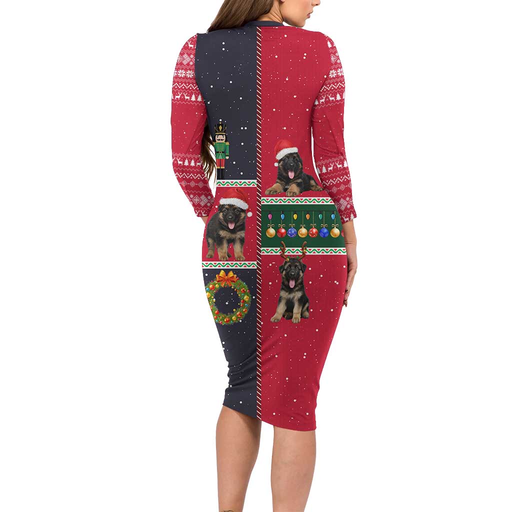German Shepherd Puppy Christmas Long Sleeve Bodycon Dress with Ornaments Wreath and Nutcracker Design - Wonder Print Shop