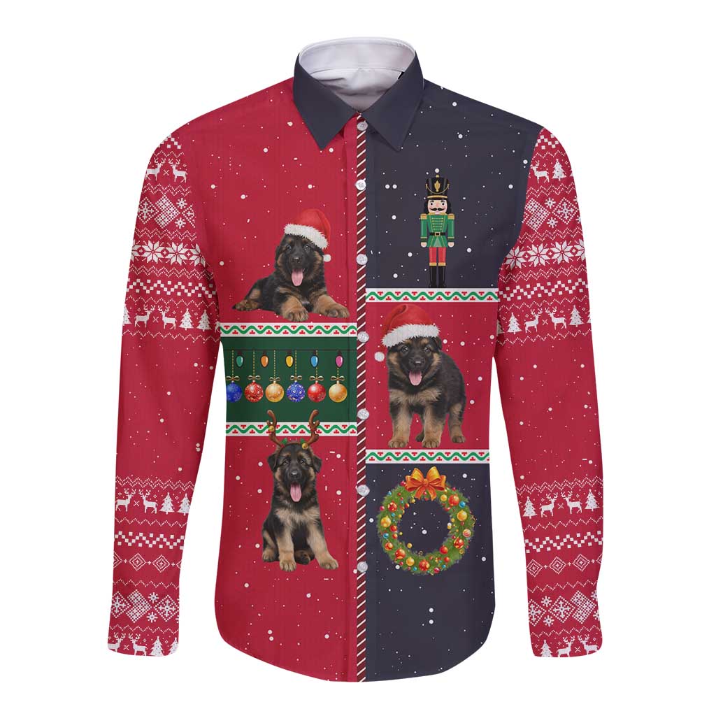 German Shepherd Puppy Christmas Long Sleeve Button Shirt with Ornaments Wreath and Nutcracker Design - Wonder Print Shop