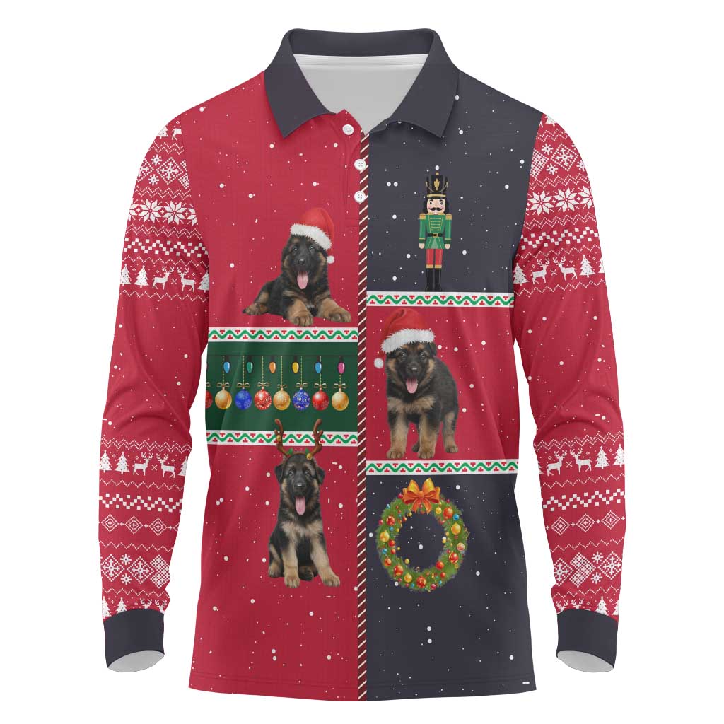 German Shepherd Puppy Christmas Long Sleeve Polo Shirt with Ornaments Wreath and Nutcracker Design - Wonder Print Shop