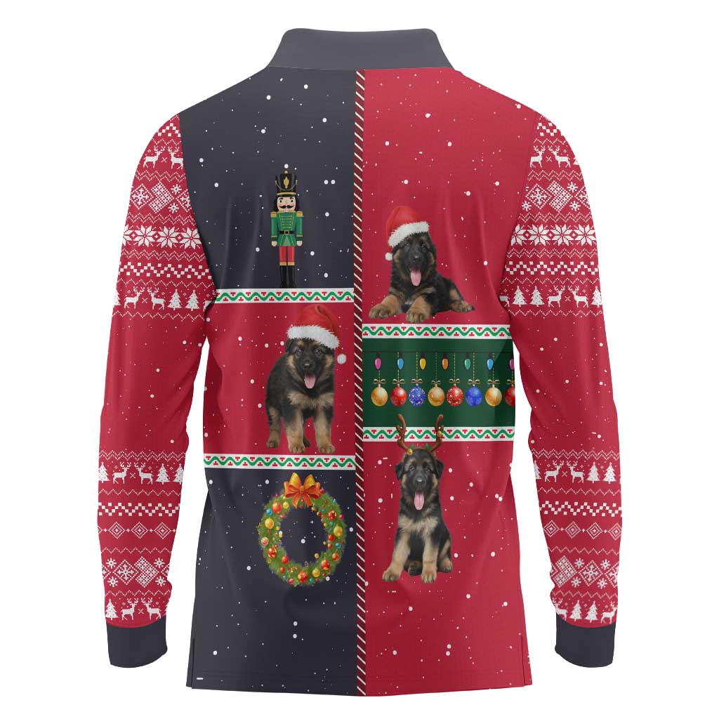 German Shepherd Puppy Christmas Long Sleeve Polo Shirt with Ornaments Wreath and Nutcracker Design - Wonder Print Shop