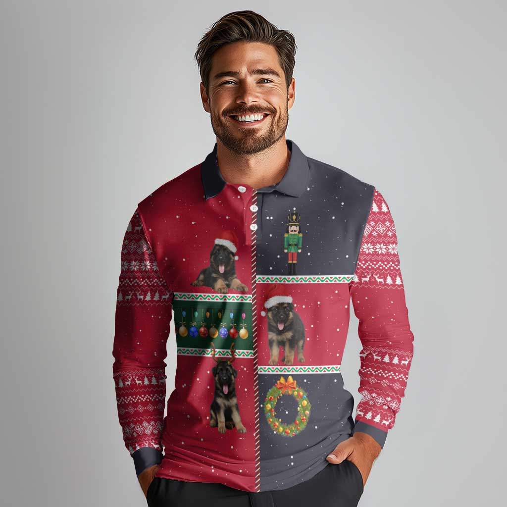 German Shepherd Puppy Christmas Long Sleeve Polo Shirt with Ornaments Wreath and Nutcracker Design - Wonder Print Shop