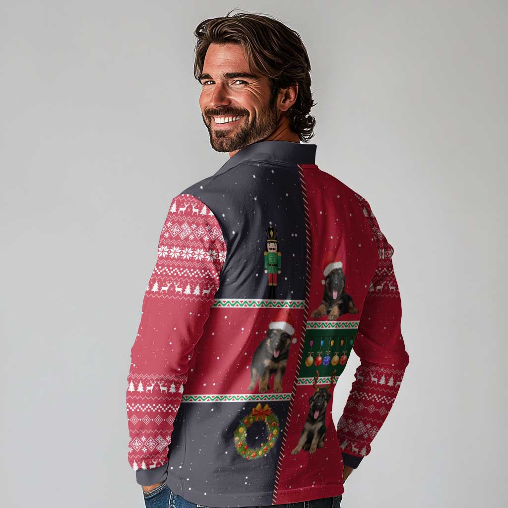 German Shepherd Puppy Christmas Long Sleeve Polo Shirt with Ornaments Wreath and Nutcracker Design - Wonder Print Shop