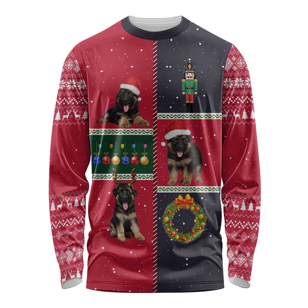 German Shepherd Puppy Christmas Long Sleeve Shirt with Ornaments Wreath and Nutcracker Design - Wonder Print Shop