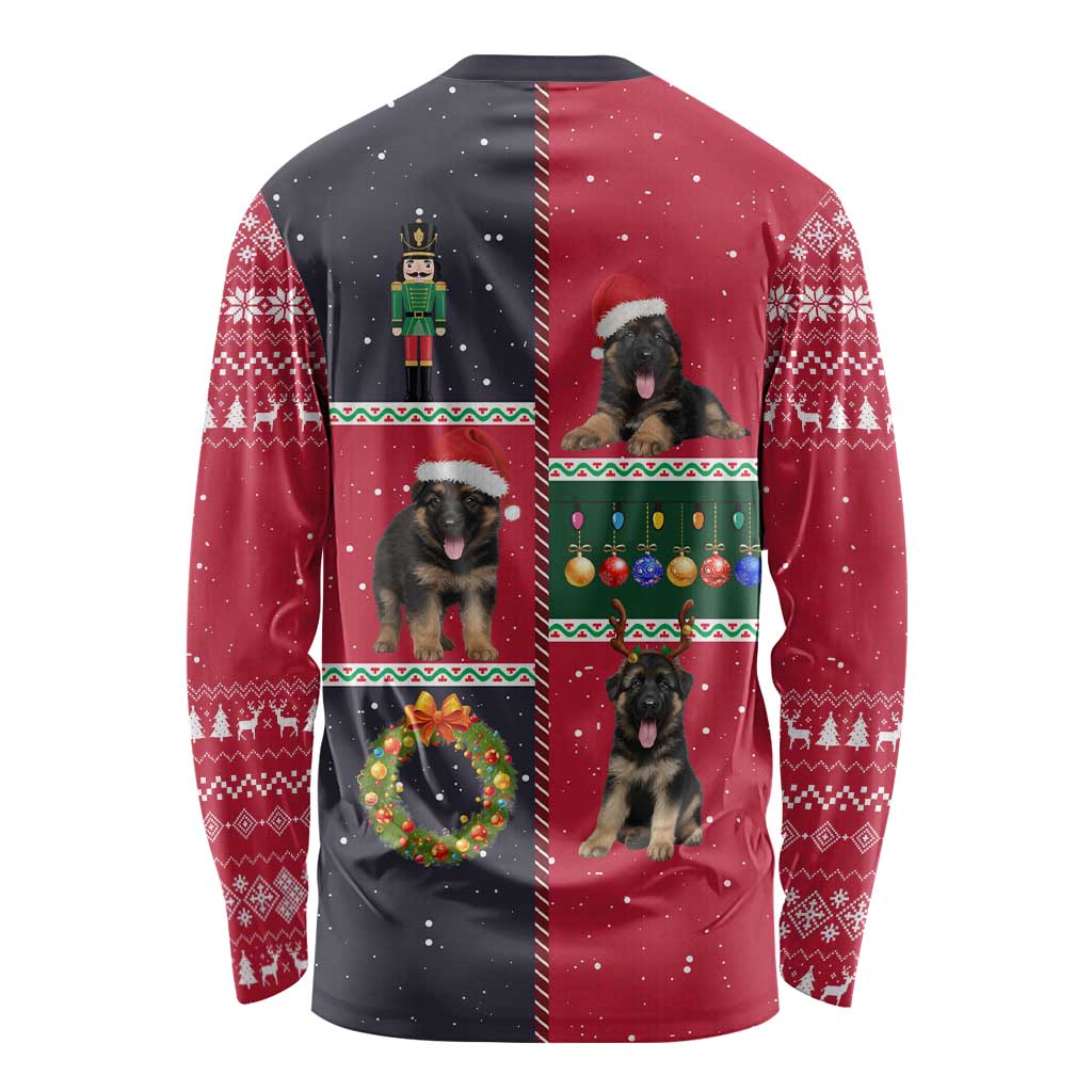 German Shepherd Puppy Christmas Long Sleeve Shirt with Ornaments Wreath and Nutcracker Design - Wonder Print Shop