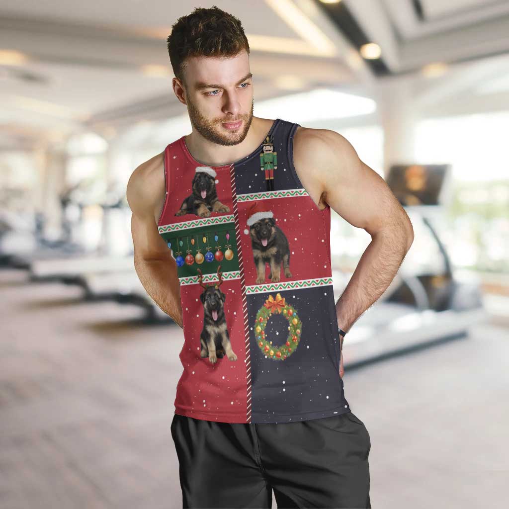 German Shepherd Puppy Christmas Men Tank Top with Ornaments Wreath and Nutcracker Design - undefined