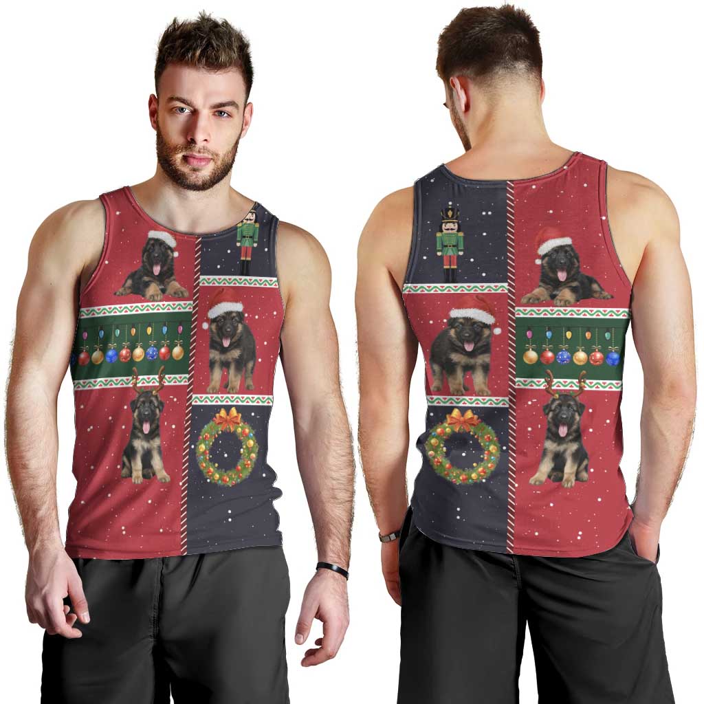 German Shepherd Puppy Christmas Men Tank Top with Ornaments Wreath and Nutcracker Design - undefined