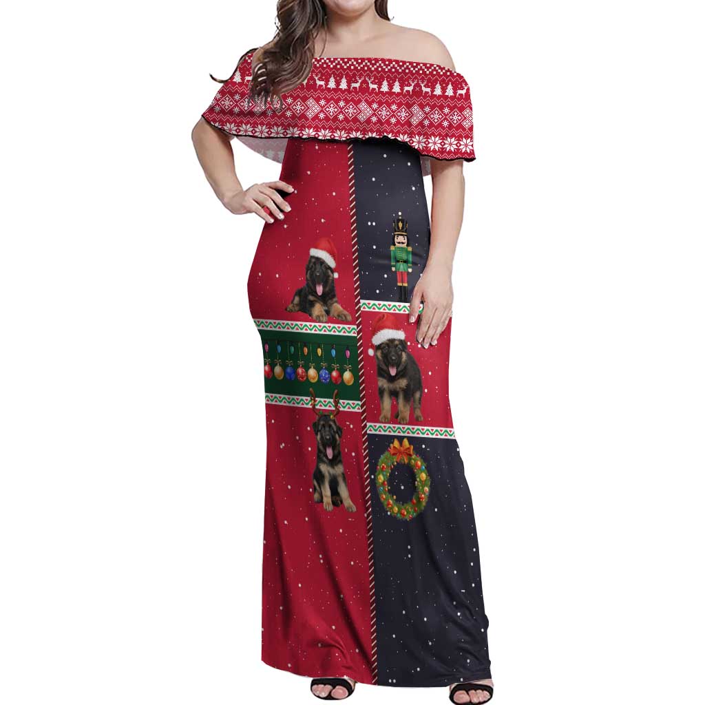 German Shepherd Puppy Christmas Off Shoulder Maxi Dress with Ornaments Wreath and Nutcracker Design - undefined