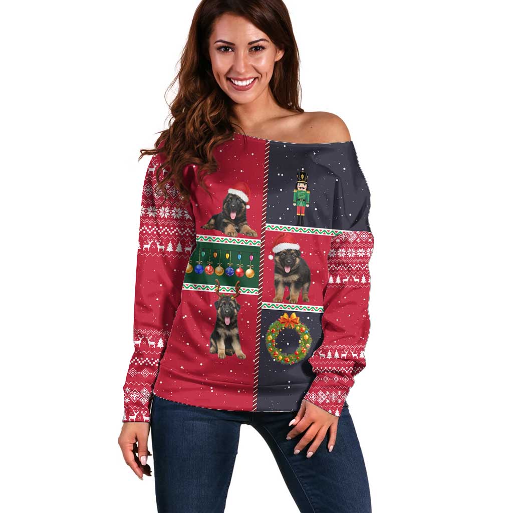 German Shepherd Puppy Christmas Off Shoulder Sweater with Ornaments Wreath and Nutcracker Design - Wonder Print Shop